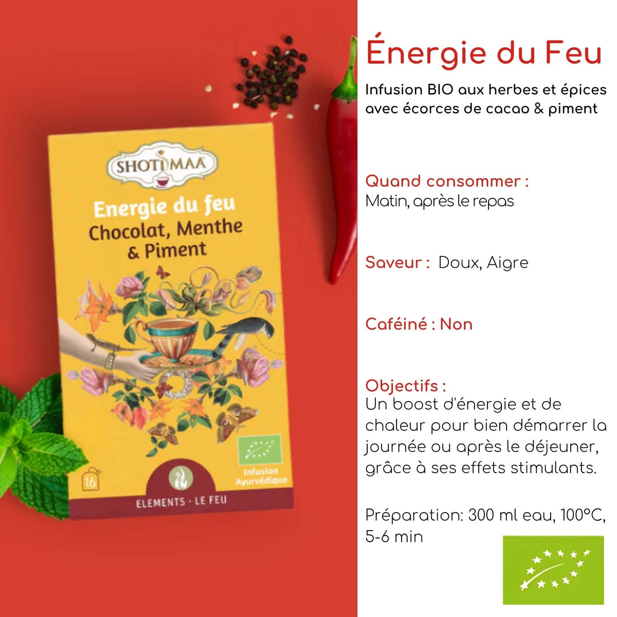 Økologisk urtete med sjokolade, mynte og chili – Fire Energy