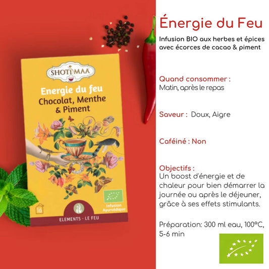 Økologisk urtete med sjokolade, mynte og chili – Fire Energy