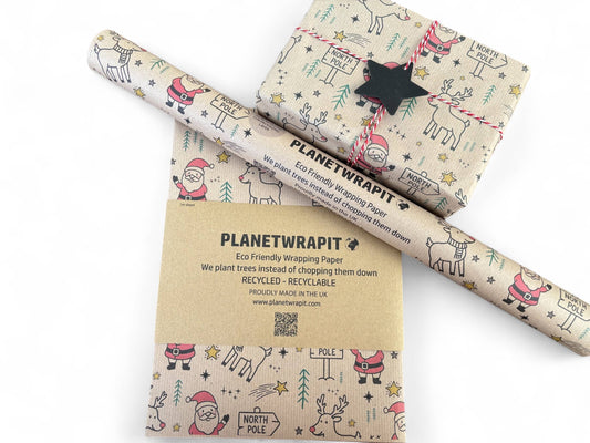Gavepapir i resirkulert kraftpapir – med Rudolf og Julenissen! (Rull 3 m x 50 cm) 🎄✨