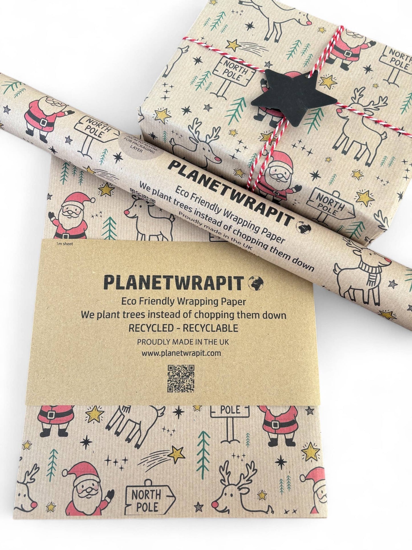 Gavepapir i resirkulert kraftpapir – med Rudolf og Julenissen! (Rull 3 m x 50 cm) 🎄✨
