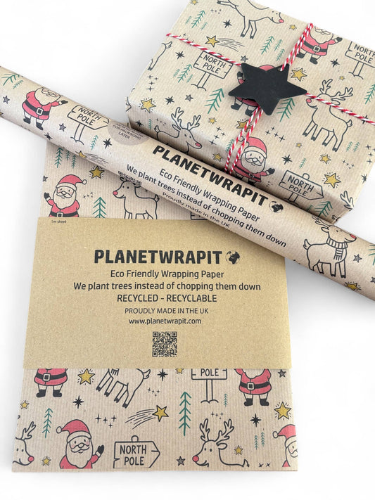 Gavepapir i resirkulert kraftpapir – med Rudolf og Julenissen! (Rull 3 m x 50 cm) 🎄✨