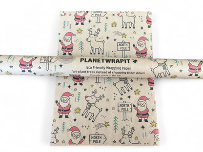 Gavepapir i resirkulert kraftpapir – med Rudolf og Julenissen! (Rull 3 m x 50 cm) 🎄✨