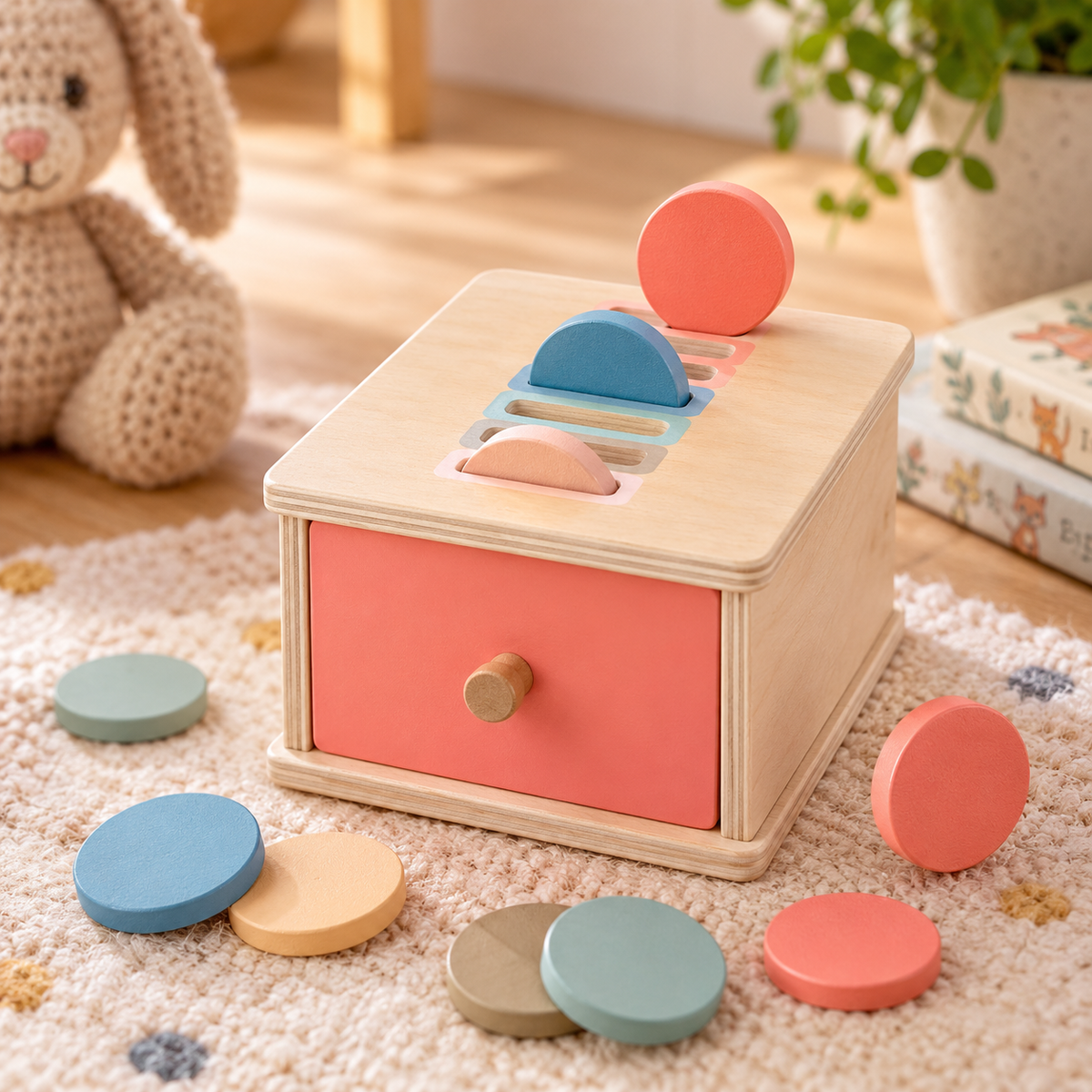 Putteboks med mynter i tre – Montessori