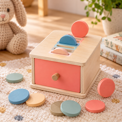 Putteboks med mynter i tre – Montessori