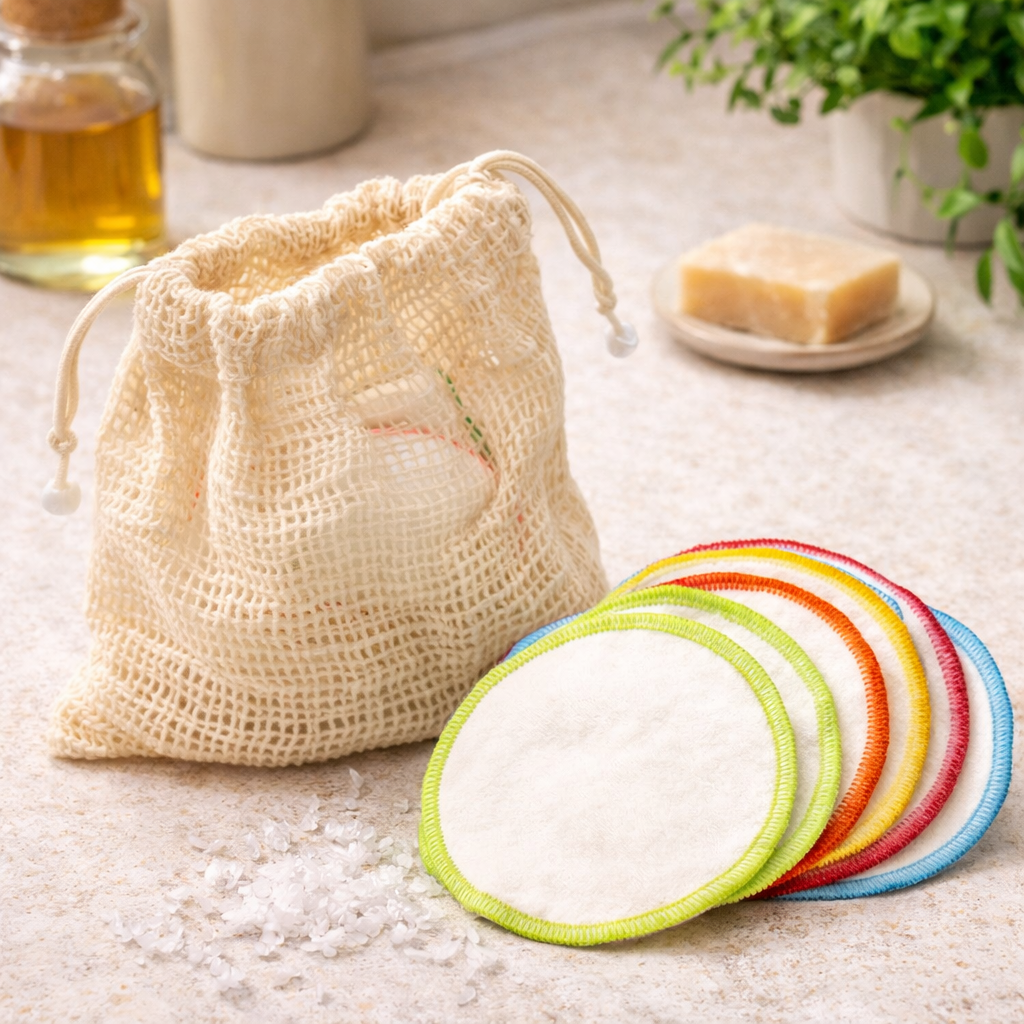 10 økologiske, gjenbrukbare sminkefjernerpads med vaskepose