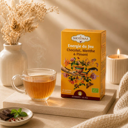 Økologisk urtete med sjokolade, mynte og chili – Fire Energy