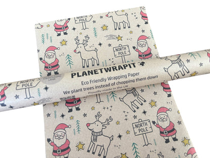 Gavepapir i resirkulert kraftpapir – med Rudolf og Julenissen! (Rull 3 m x 50 cm) 🎄✨